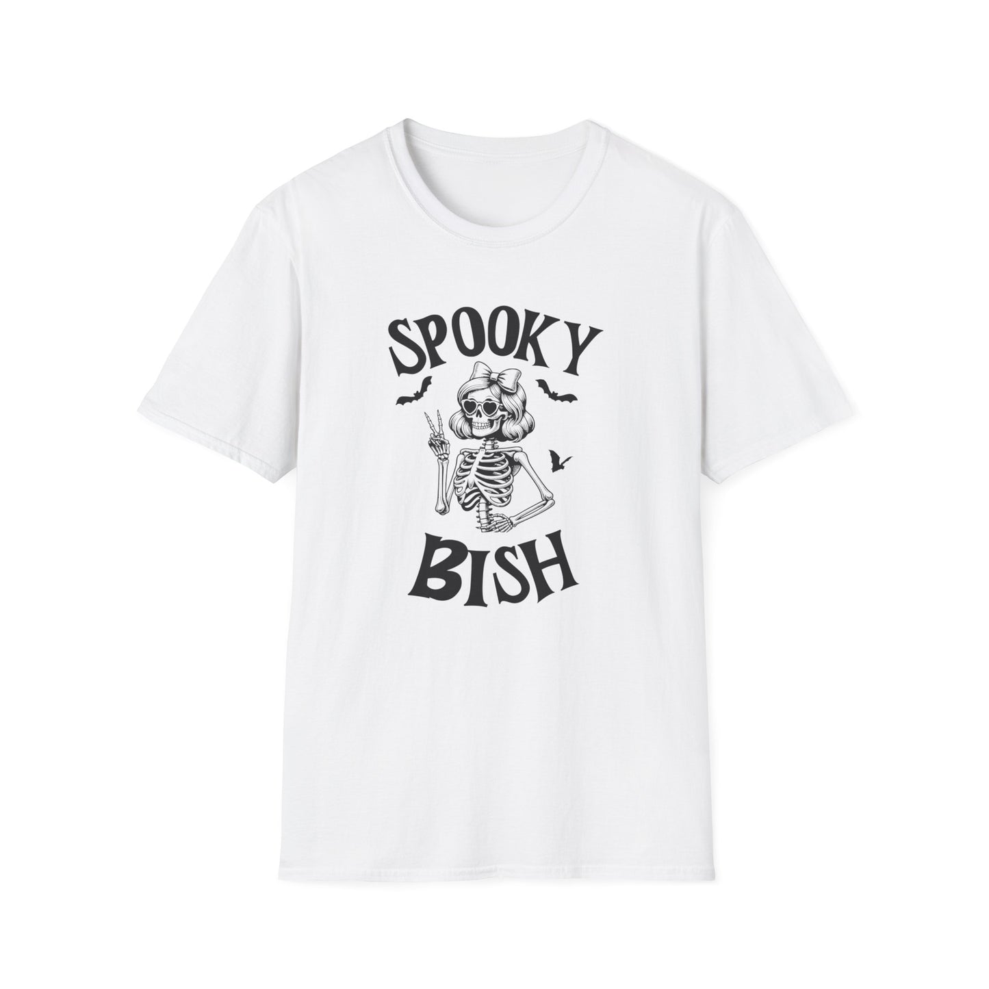 Spooky Bish Skeleton with Sunglasses and Peace Sign Gothic Horror Fun Unisex Softstyle T-Shirt