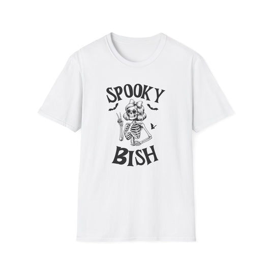 Spooky Bish Skeleton with Sunglasses and Peace Sign Gothic Horror Fun Unisex Softstyle T-Shirt