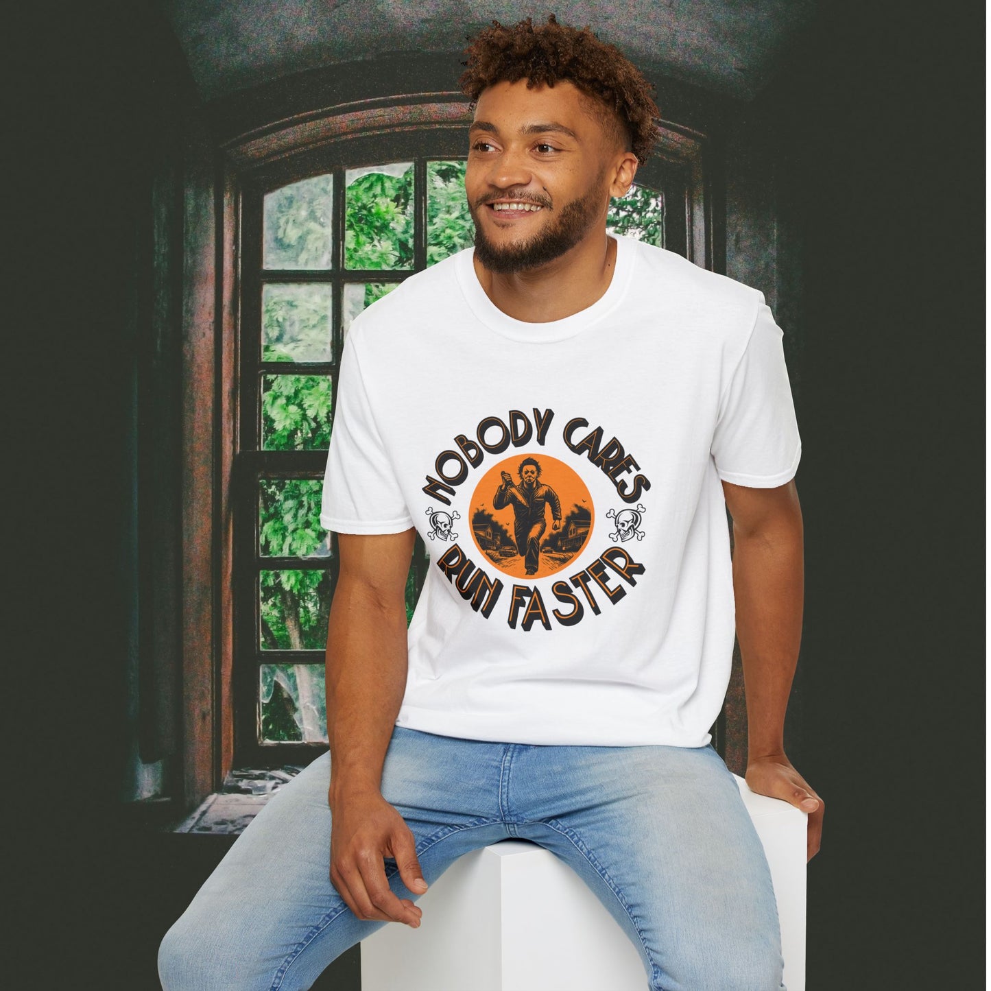 Nobody Cares Run Faster - Michael Running Myers on Halloween Horror Fun with Skulls Shirt - Unisex Softstyle T-Shirt