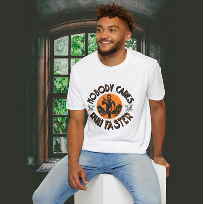 Nobody Cares Run Faster - Michael Running Myers on Halloween Horror Fun with Skulls Shirt - Unisex Softstyle T-Shirt