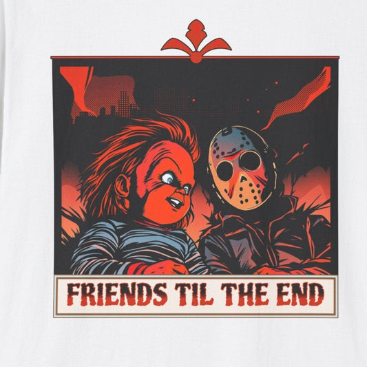 Friends 'Til the End Horror Movie T-Shirt Jason And Chucky Design