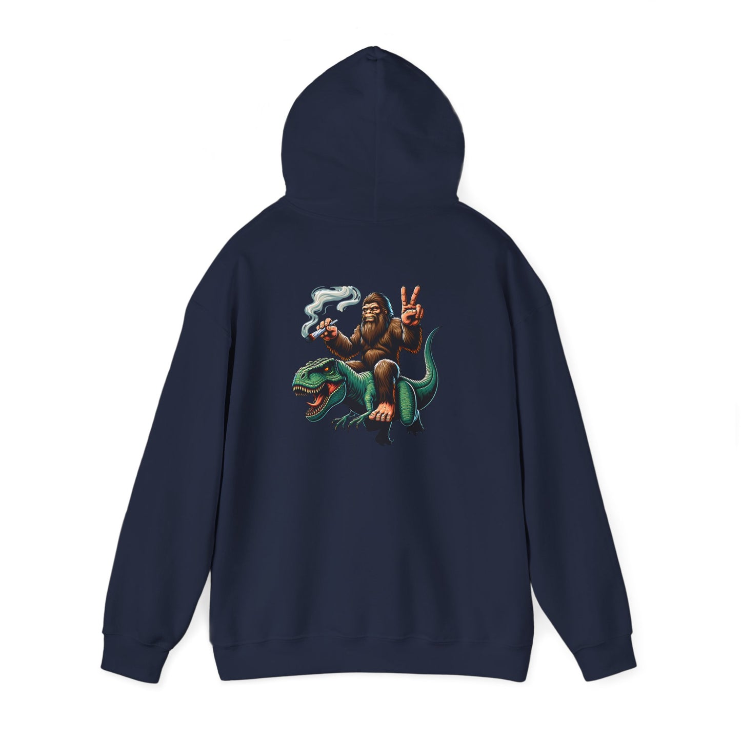 Bigfoot Riding Dinosaur Hoodie — Retro Smoking Sasquatch Graphic Sweatshirt