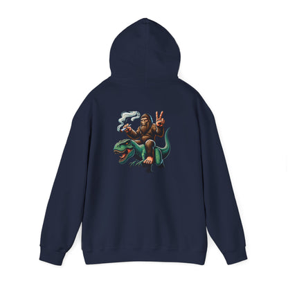 Bigfoot Riding Dinosaur Hoodie — Retro Smoking Sasquatch Graphic Sweatshirt