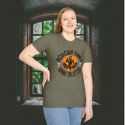 Nobody Cares Run Faster - Michael Running Myers on Halloween Horror Fun with Skulls Shirt - Unisex Softstyle T-Shirt