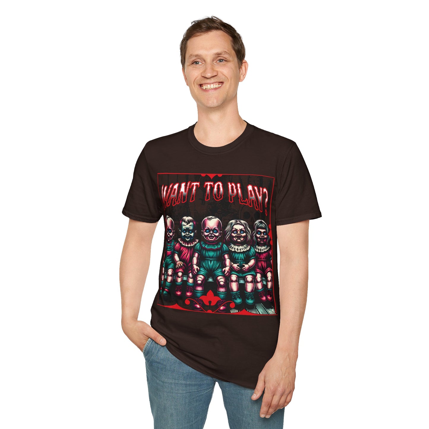 Creepy Dolls Toy Room Want To Play? Horror Fun Unisex Soft style T Shirt Men Women