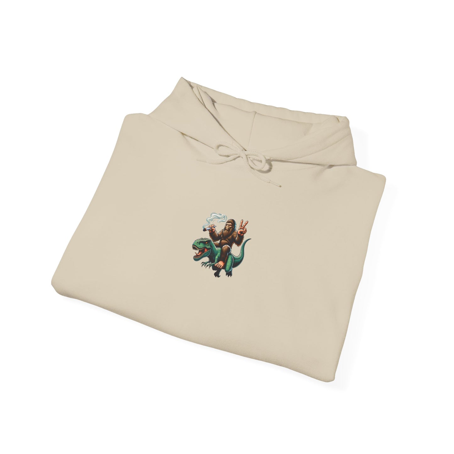 Bigfoot Riding Dinosaur Hoodie — Retro Smoking Sasquatch Graphic Sweatshirt