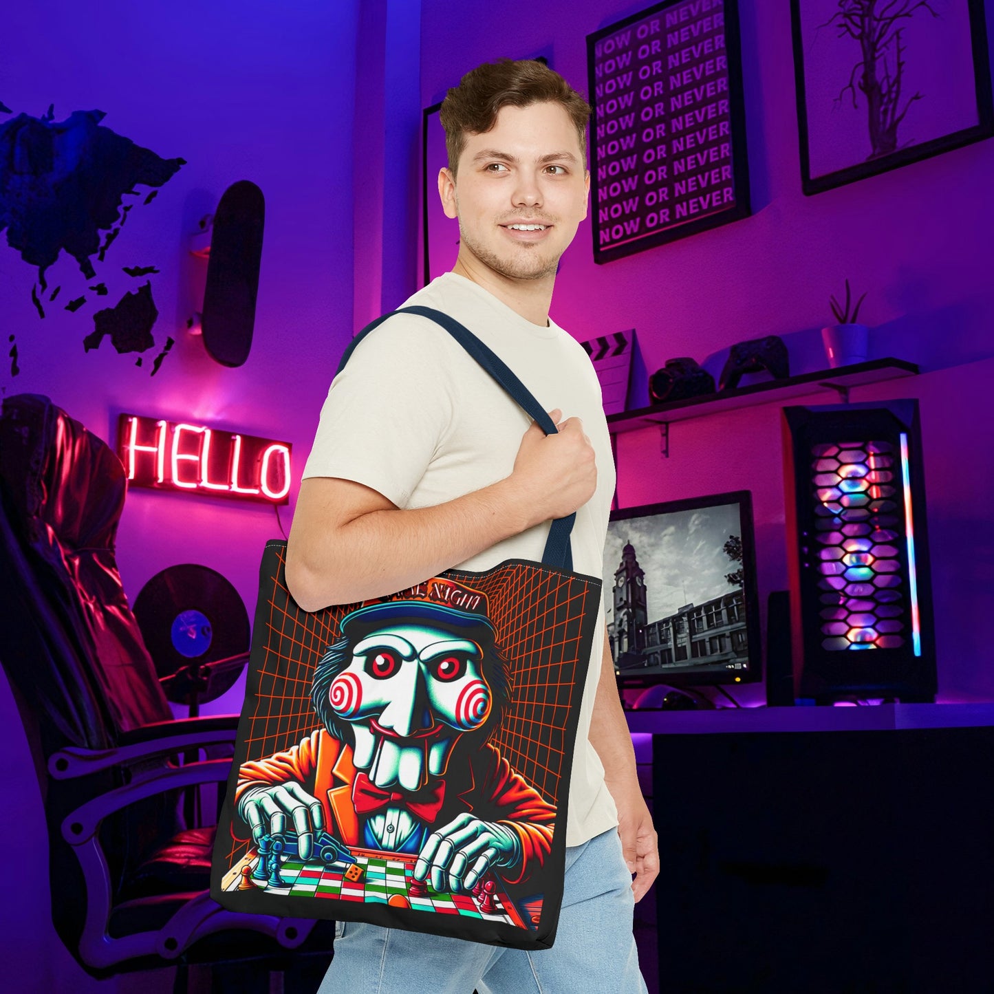 Game Night Billy Wearing A Hat The Puppet Playing Lunch Beach Gamer Carry Tote Bag (AOP) Horror Fun