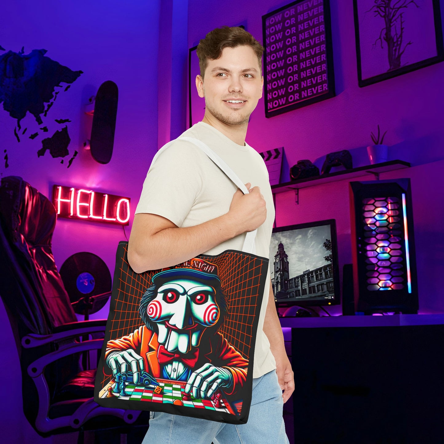 Game Night Billy Wearing A Hat The Puppet Playing Lunch Beach Gamer Carry Tote Bag (AOP) Horror Fun