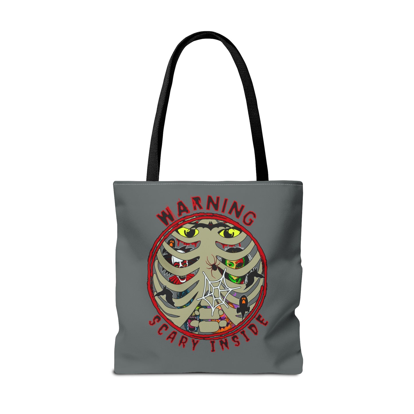 Warning, Scary Inside Tote Bag (AOP) Collector Pouch Horror Fun Beach Swimming Travel Overnight