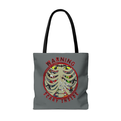 Warning, Scary Inside Tote Bag (AOP) Collector Pouch Horror Fun Beach Swimming Travel Overnight