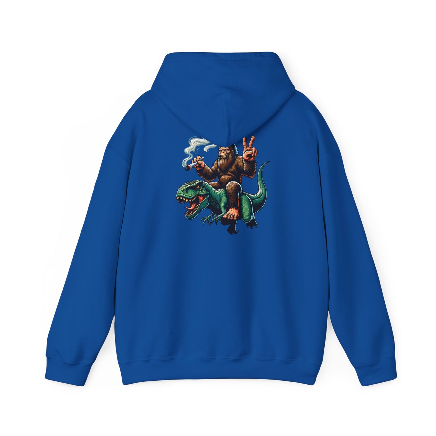 Bigfoot Riding Dinosaur Hoodie — Retro Smoking Sasquatch Graphic Sweatshirt
