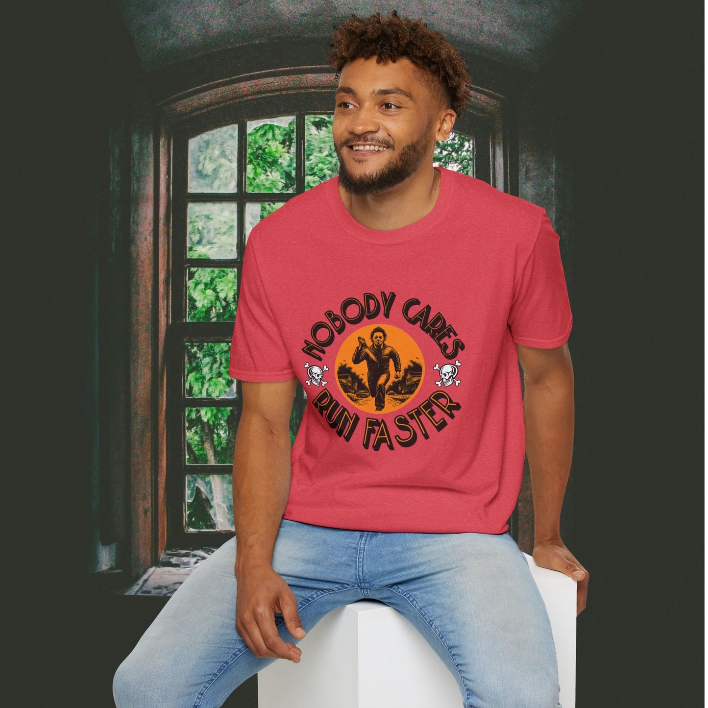Nobody Cares Run Faster - Michael Running Myers on Halloween Horror Fun with Skulls Shirt - Unisex Softstyle T-Shirt