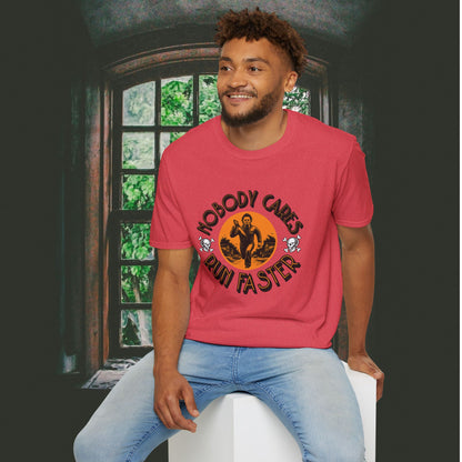 Nobody Cares Run Faster - Michael Running Myers on Halloween Horror Fun with Skulls Shirt - Unisex Softstyle T-Shirt