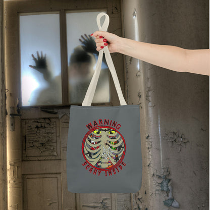 Warning, Scary Inside Tote Bag (AOP) Collector Pouch Horror Fun Beach Swimming Travel Overnight