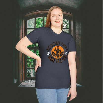 Nobody Cares Run Faster - Michael Running Myers on Halloween Horror Fun with Skulls Shirt - Unisex Softstyle T-Shirt