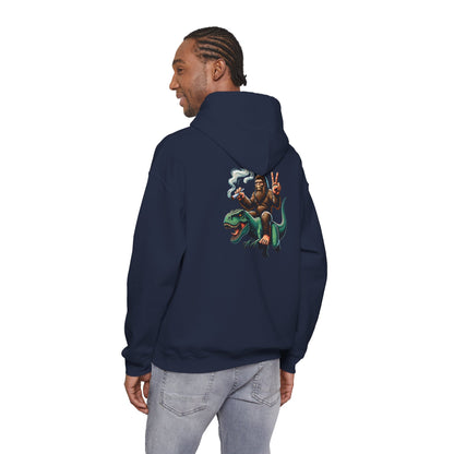 Bigfoot Riding Dinosaur Hoodie — Retro Smoking Sasquatch Graphic Sweatshirt