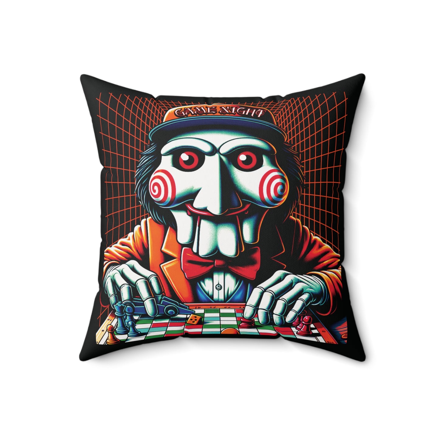 Billy The Puppet Wants To Have A Game Night Saw Inspired Horror Spun Polyester Square Accent Throw Pillow