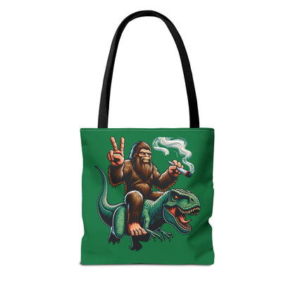 Tote Bag - Bigfoot Riding a T Rex Peace Sign 420 Design