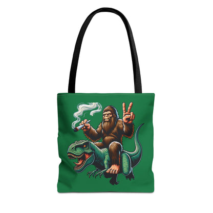 Tote Bag - Bigfoot Riding a T Rex Peace Sign 420 Design