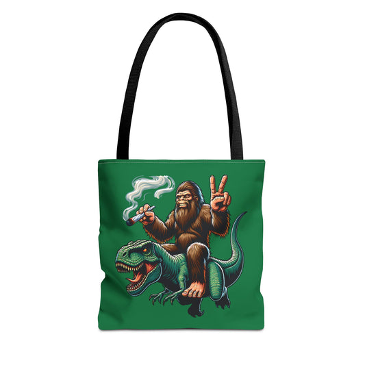 Tote Bag - Bigfoot Riding a T Rex Peace Sign 420 Design