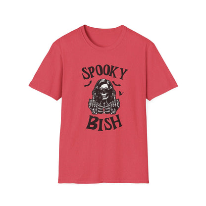 Spooky Bish Skeleton Sunglasses Giving Middle Fingers Gothic Horror Fun Unisex Softstyle T-Shirt