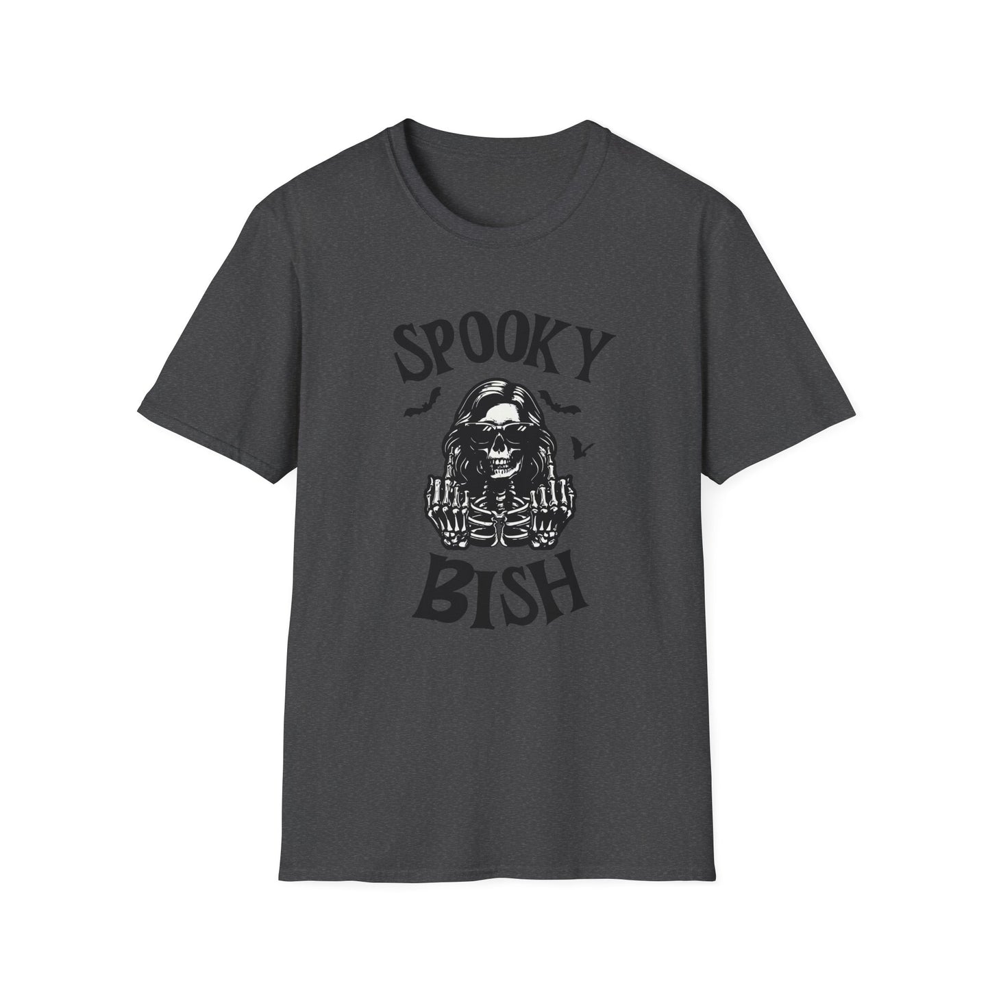 Spooky Bish Skeleton Sunglasses Giving Middle Fingers Gothic Horror Fun Unisex Softstyle T-Shirt