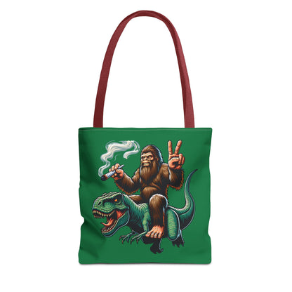 Tote Bag - Bigfoot Riding a T Rex Peace Sign 420 Design