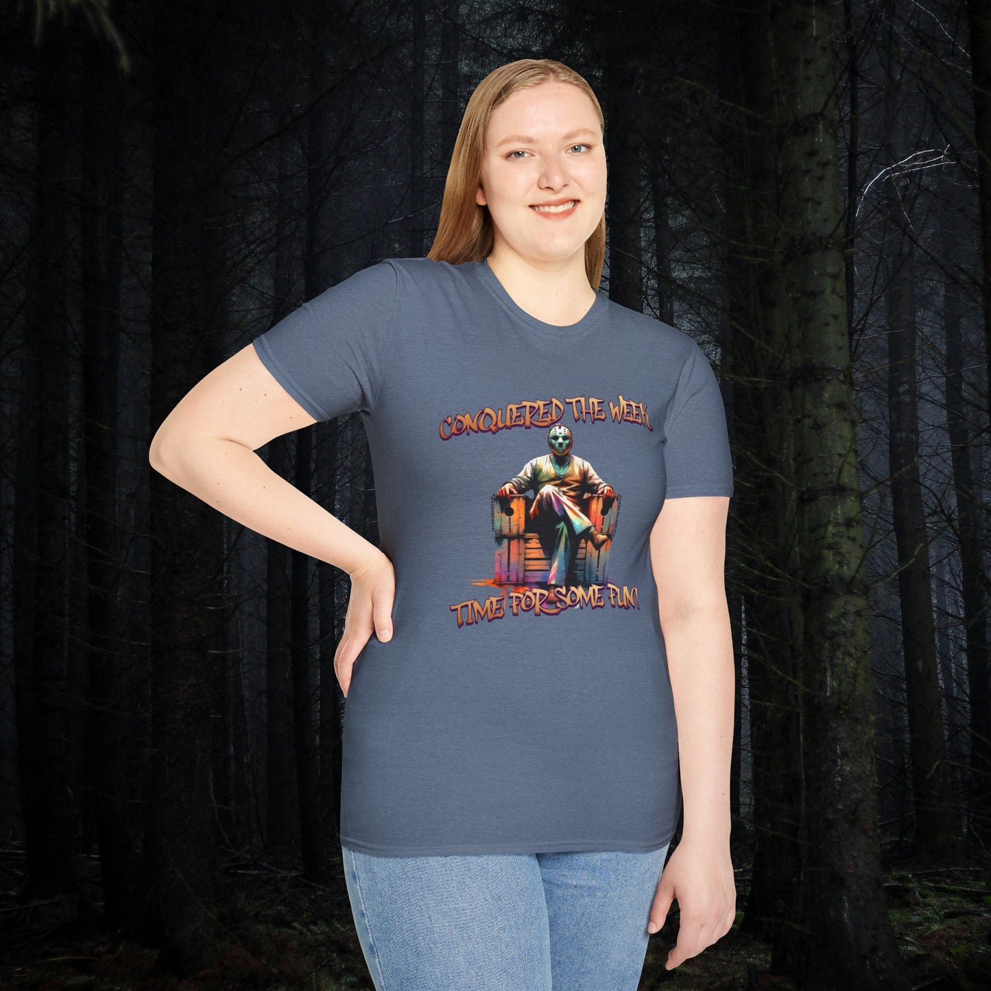 TGIF Conquered The Week Time For Some Fun Jason In A Business Outfit and Mask Unisex Softstyle T-Shirt Horror Friday Fun Shirt