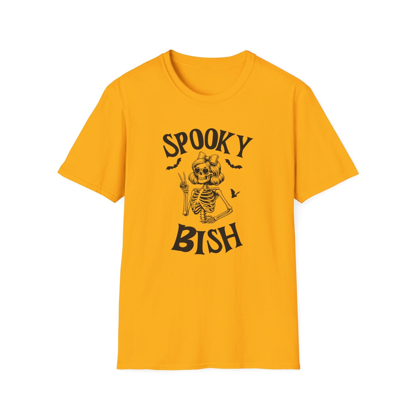 Spooky Bish Skeleton with Sunglasses and Peace Sign Gothic Horror Fun Unisex Softstyle T-Shirt