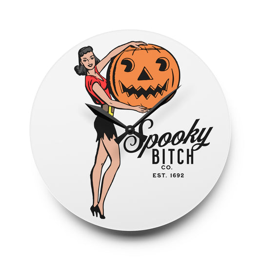 Spooky B!tch Co Est 1692 50's Style Woman Holding Pumpkin Halloween Gothic Fun Witch Acrylic Wall Clock Multiple styles