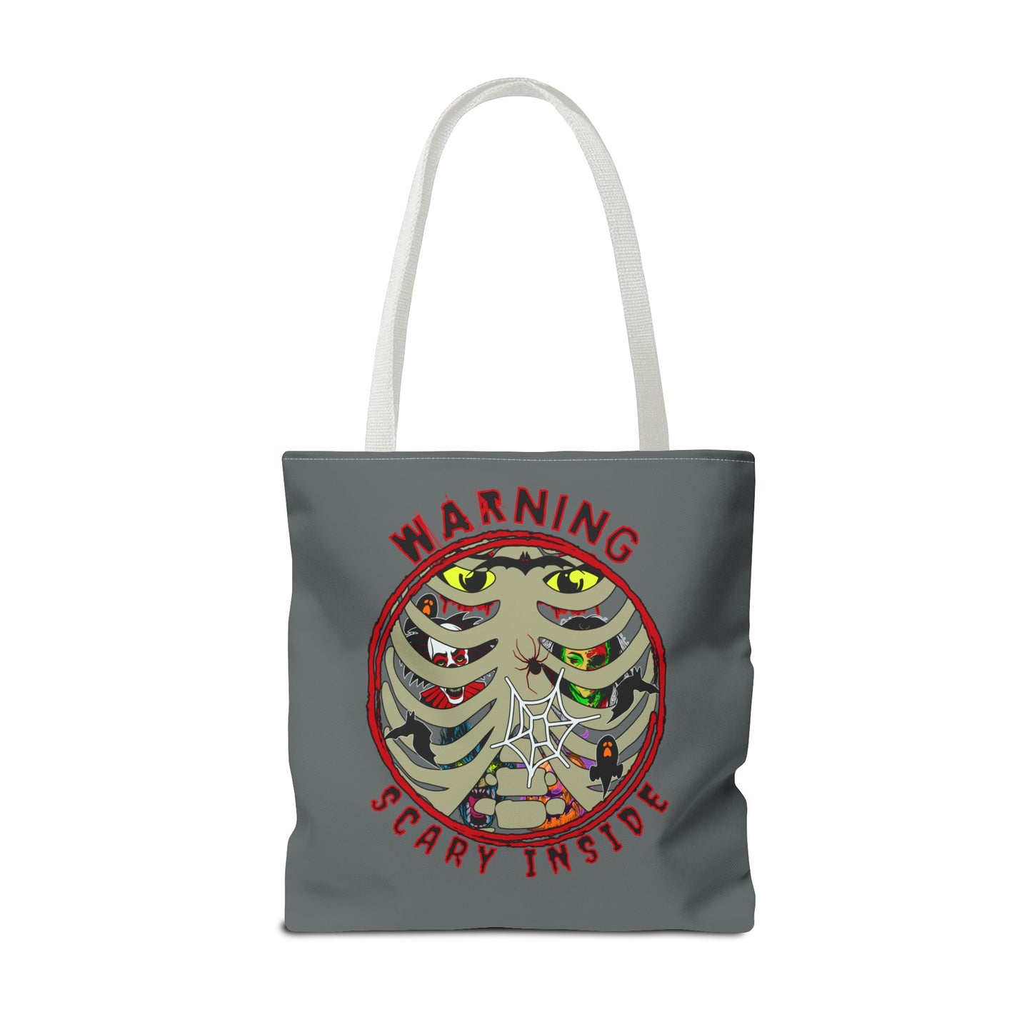 Warning, Scary Inside Tote Bag (AOP) Collector Pouch Horror Fun Beach Swimming Travel Overnight