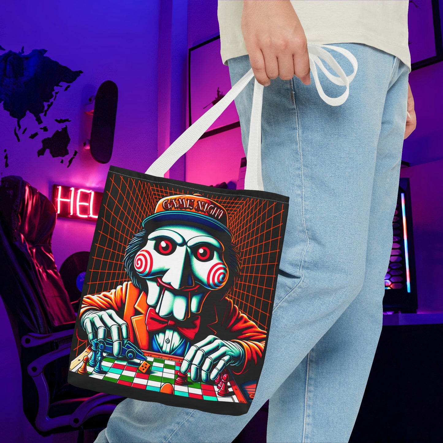 Game Night Billy Wearing A Hat The Puppet Playing Lunch Beach Gamer Carry Tote Bag (AOP) Horror Fun