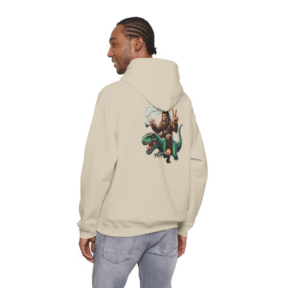 Bigfoot Riding Dinosaur Hoodie — Retro Smoking Sasquatch Graphic Sweatshirt