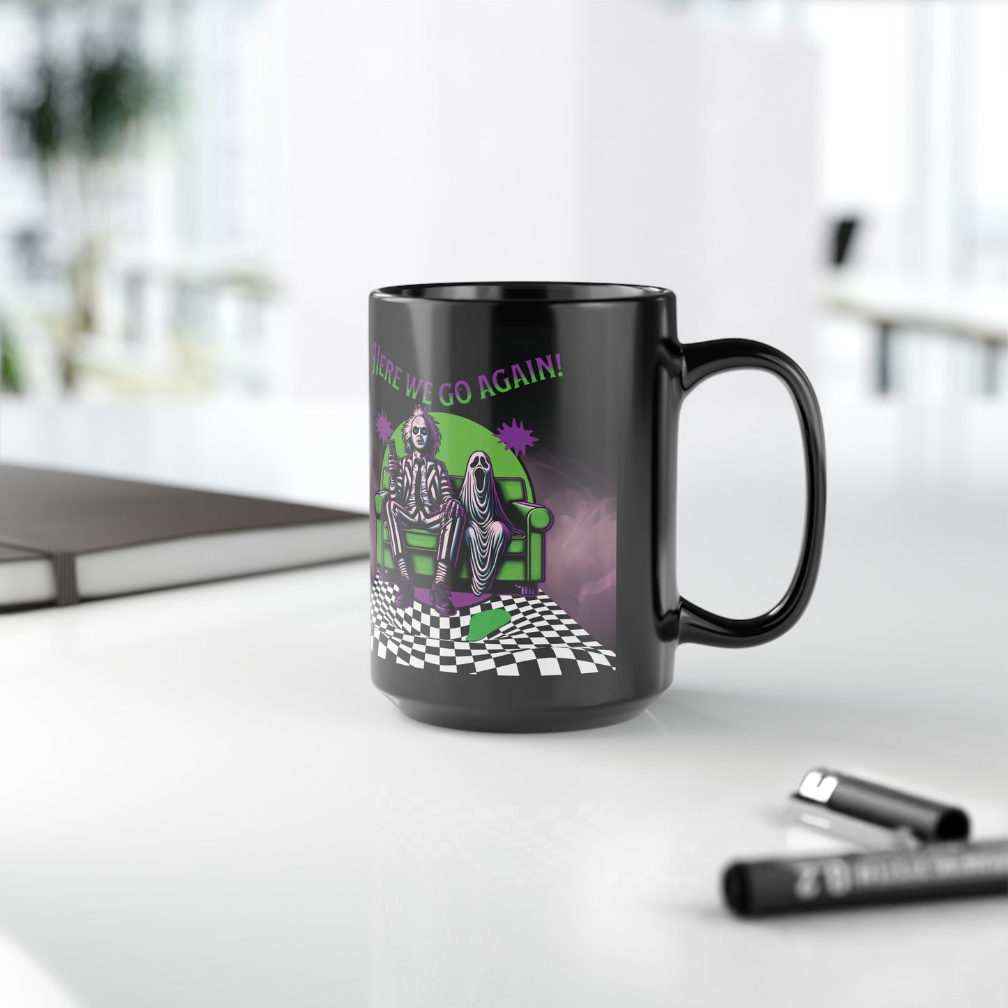 Beetlejuice 2 Inspired Here We Go Again Horror Fun Black Coffee Tea Mug Cup (11oz, 15oz)