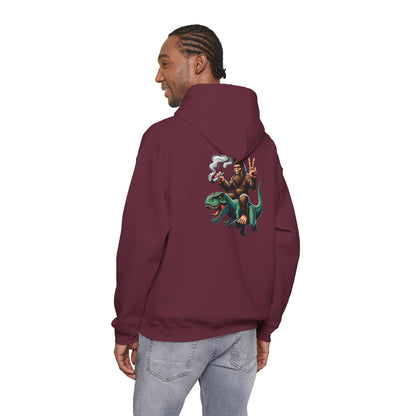 Bigfoot Riding Dinosaur Hoodie — Retro Smoking Sasquatch Graphic Sweatshirt