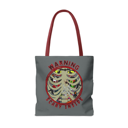 Warning, Scary Inside Tote Bag (AOP) Collector Pouch Horror Fun Beach Swimming Travel Overnight