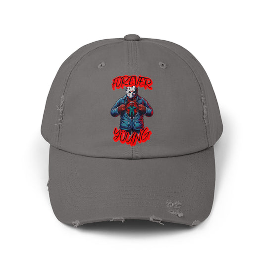 Forever Young Jason With The Mask On Voorhees Friday Horror Fun Unisex Distressed Cap Baseball Hat