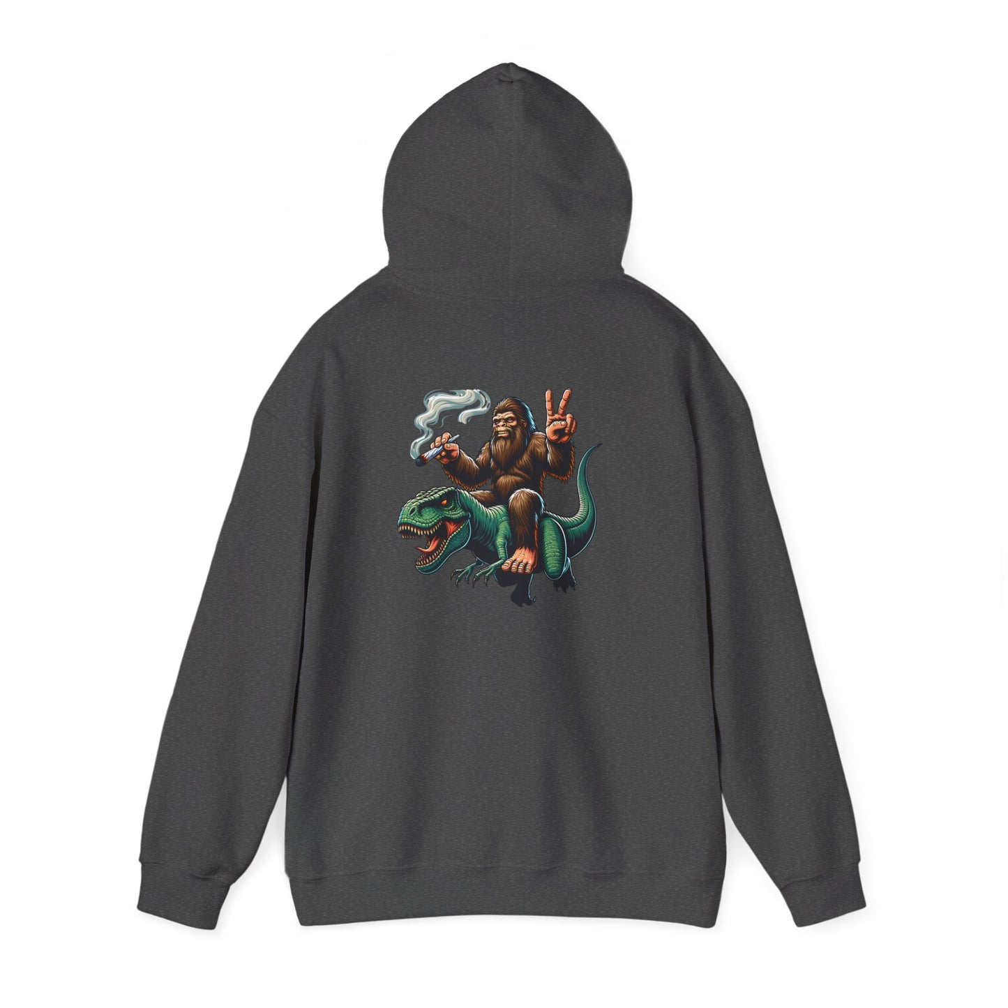 Bigfoot Riding Dinosaur Hoodie — Retro Smoking Sasquatch Graphic Sweatshirt