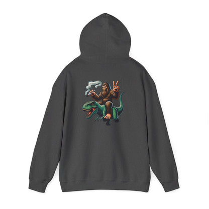 Bigfoot Riding Dinosaur Hoodie — Retro Smoking Sasquatch Graphic Sweatshirt