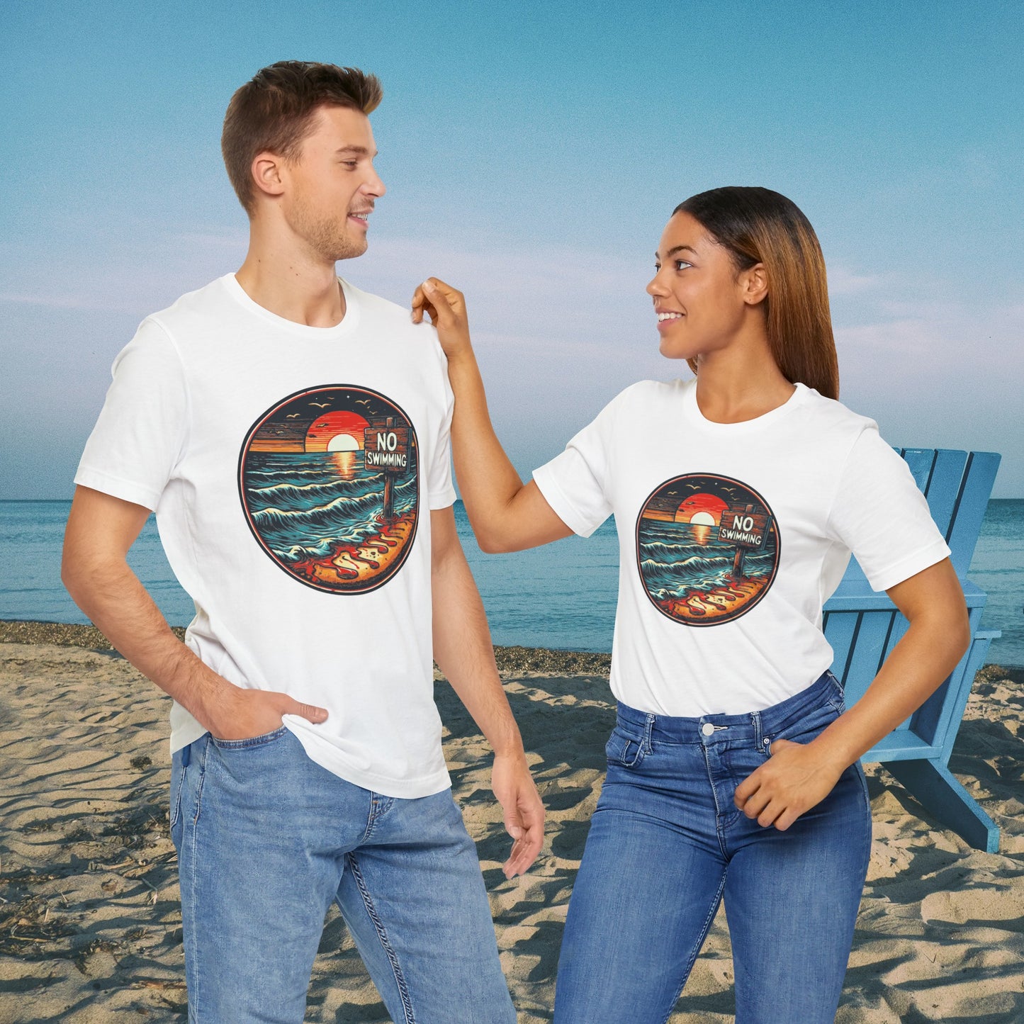 No Swimming Bloody Water Beach Unisex Jersey Short Sleeve T-Shirt Horror Ocean Shark