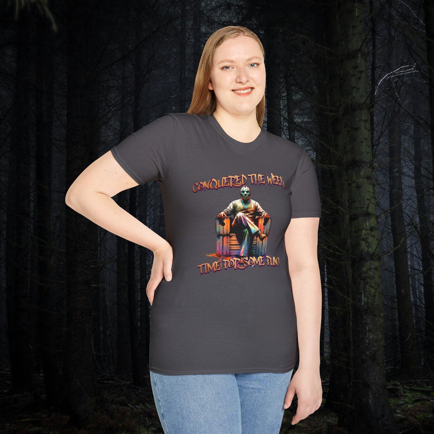 TGIF Conquered The Week Time For Some Fun Jason In A Business Outfit and Mask Unisex Softstyle T-Shirt Horror Friday Fun Shirt