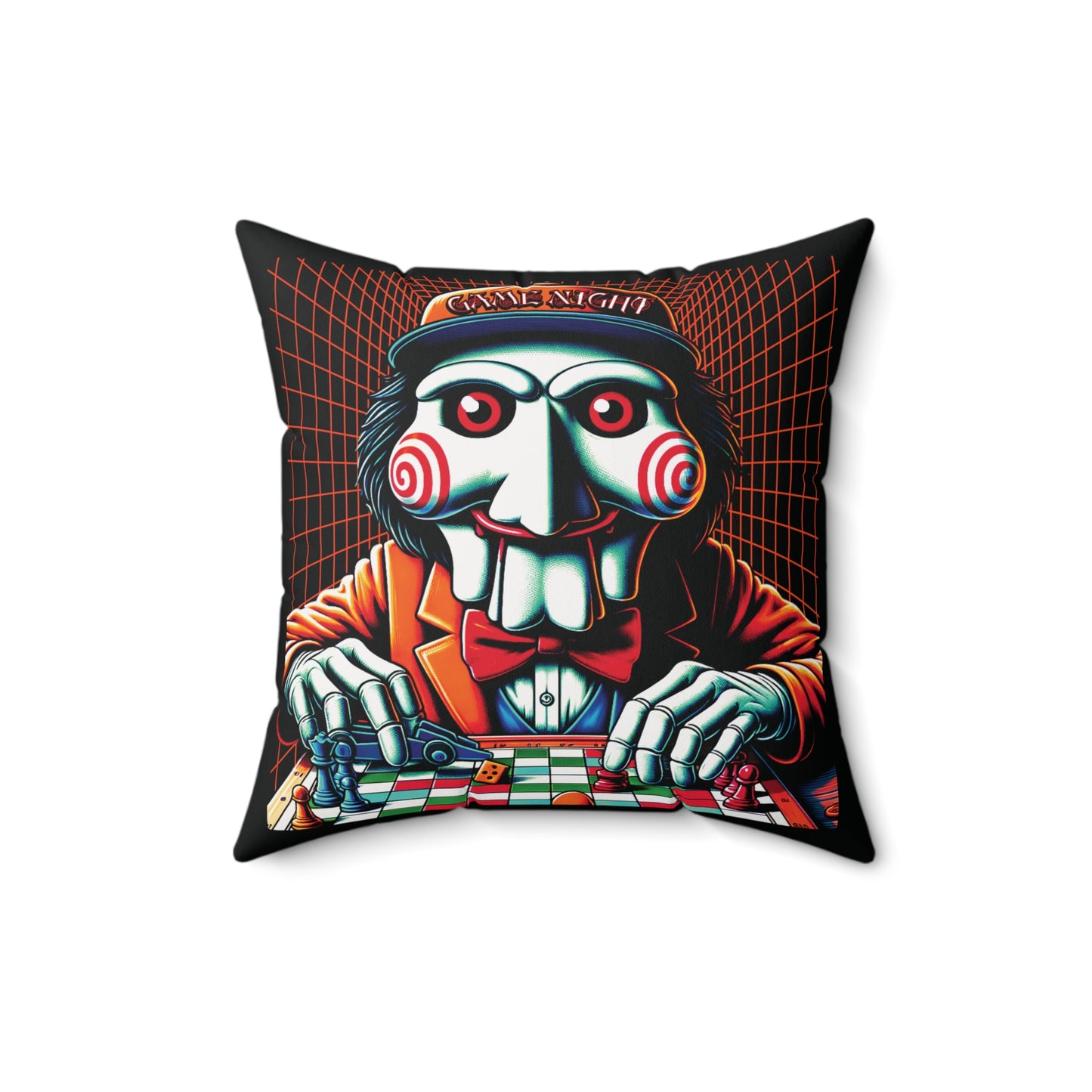 Billy The Puppet Wants To Have A Game Night Saw Inspired Horror Spun Polyester Square Accent Throw Pillow