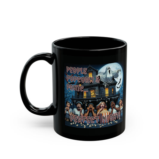 People Popcorn & Panic Horror Movie Fun Black Coffee Tea Mug (11oz, 15oz)