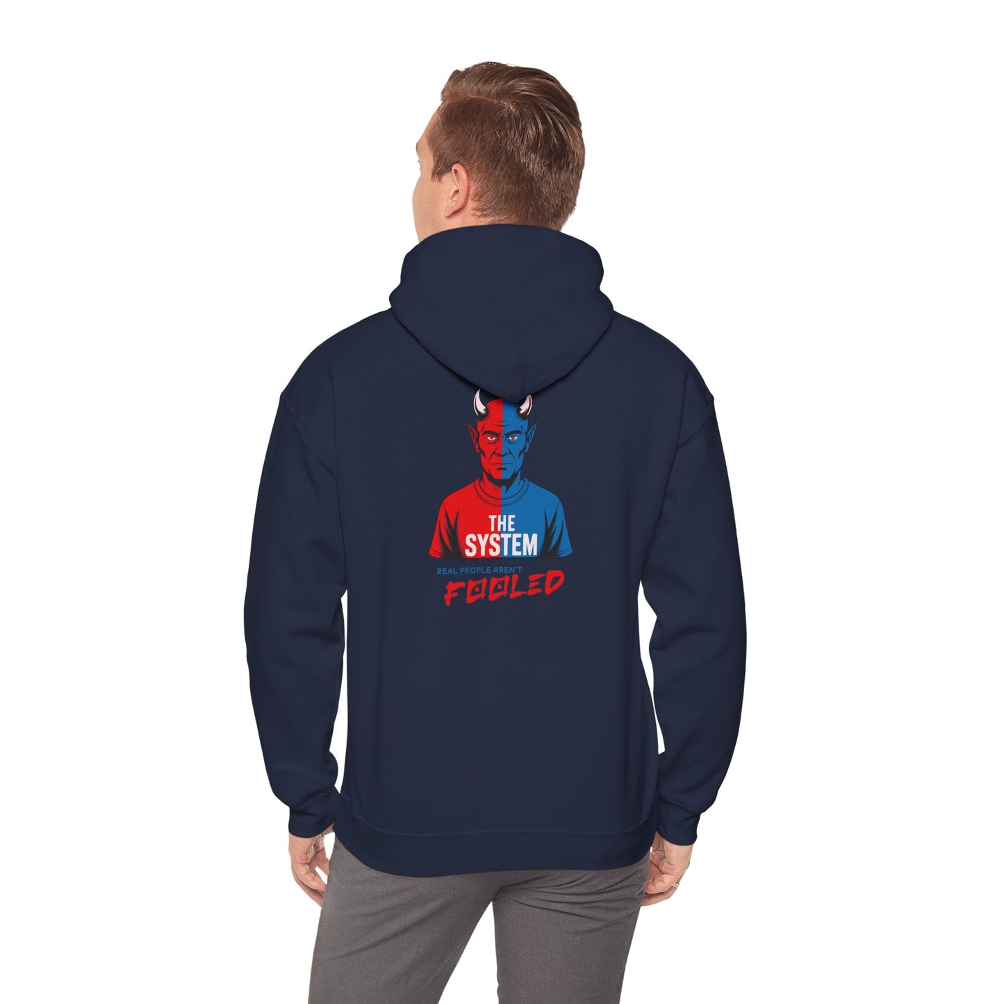 Hooded Sweatshirt - The System - Real People Arent Fooled Red Blue Design
