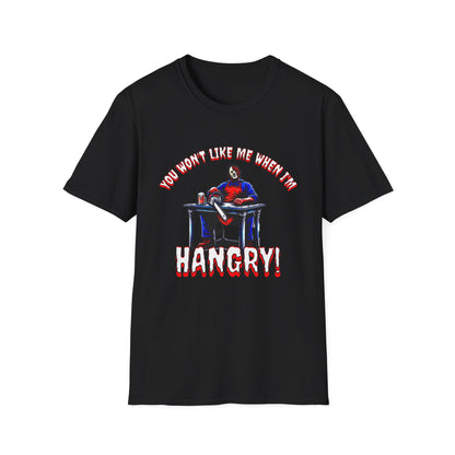 You Won't Like When I'm Hangry Unisex Softstyle T-Shirt Leather Chainsaw Guy Cannibal Horror Fun