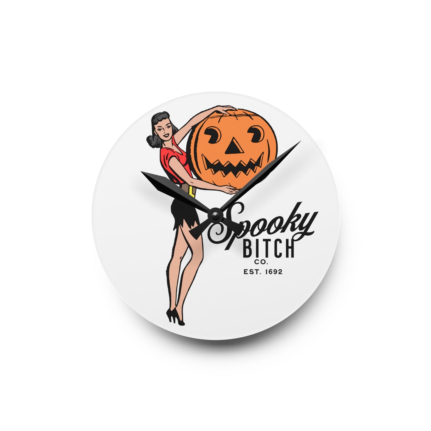 Spooky B!tch Co Est 1692 50's Style Woman Holding Pumpkin Halloween Gothic Fun Witch Acrylic Wall Clock Multiple styles