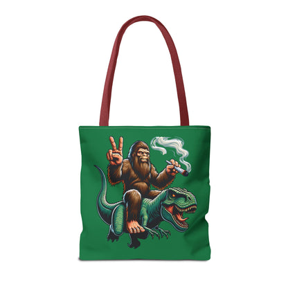 Tote Bag - Bigfoot Riding a T Rex Peace Sign 420 Design
