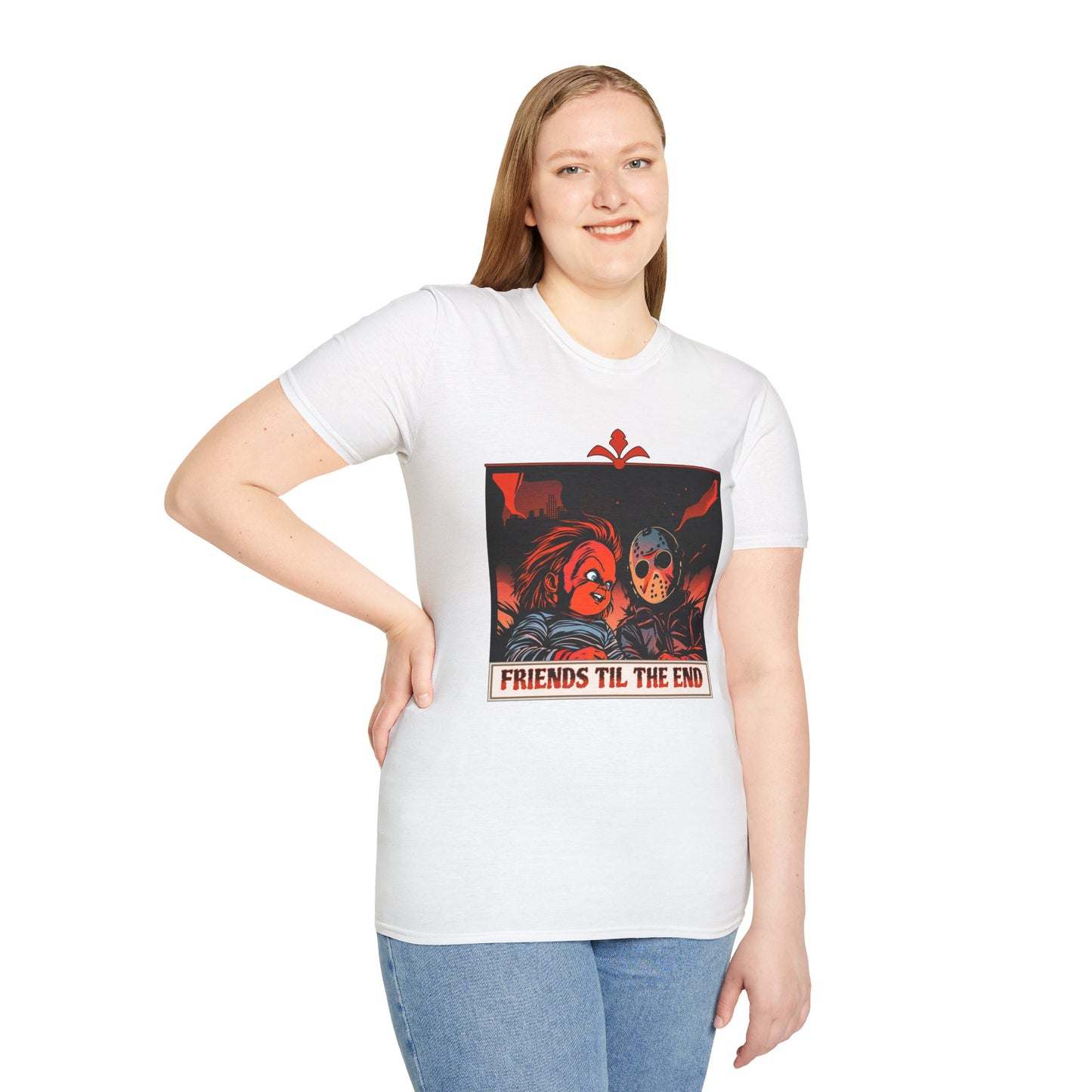 Friends 'Til the End Horror Movie T-Shirt Jason And Chucky Design