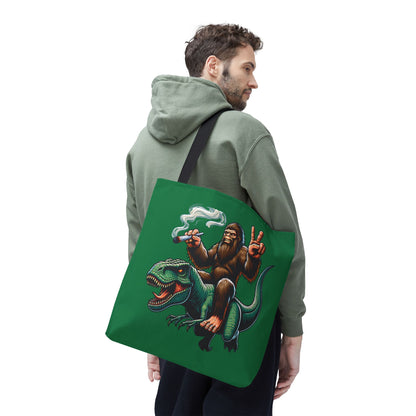 Tote Bag - Bigfoot Riding a T Rex Peace Sign 420 Design