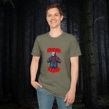 Horrorvational Forever Young Horror Fun Jason With The Mask On Voorhees Unisex Softstyle T-Shirt Friday Shirt